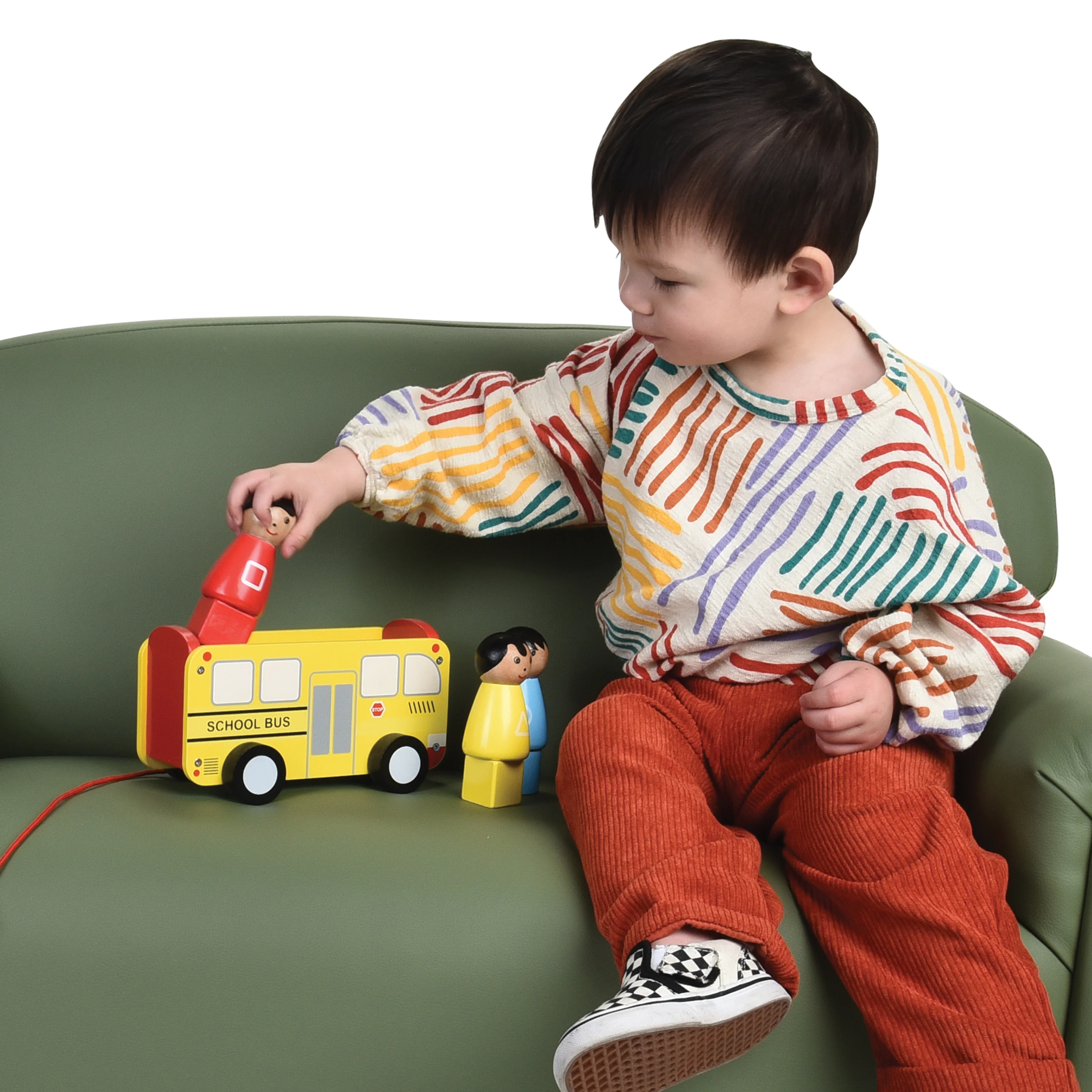 Wooden Pull Along School Bus Toy with Shape Matching Riders - Image 7