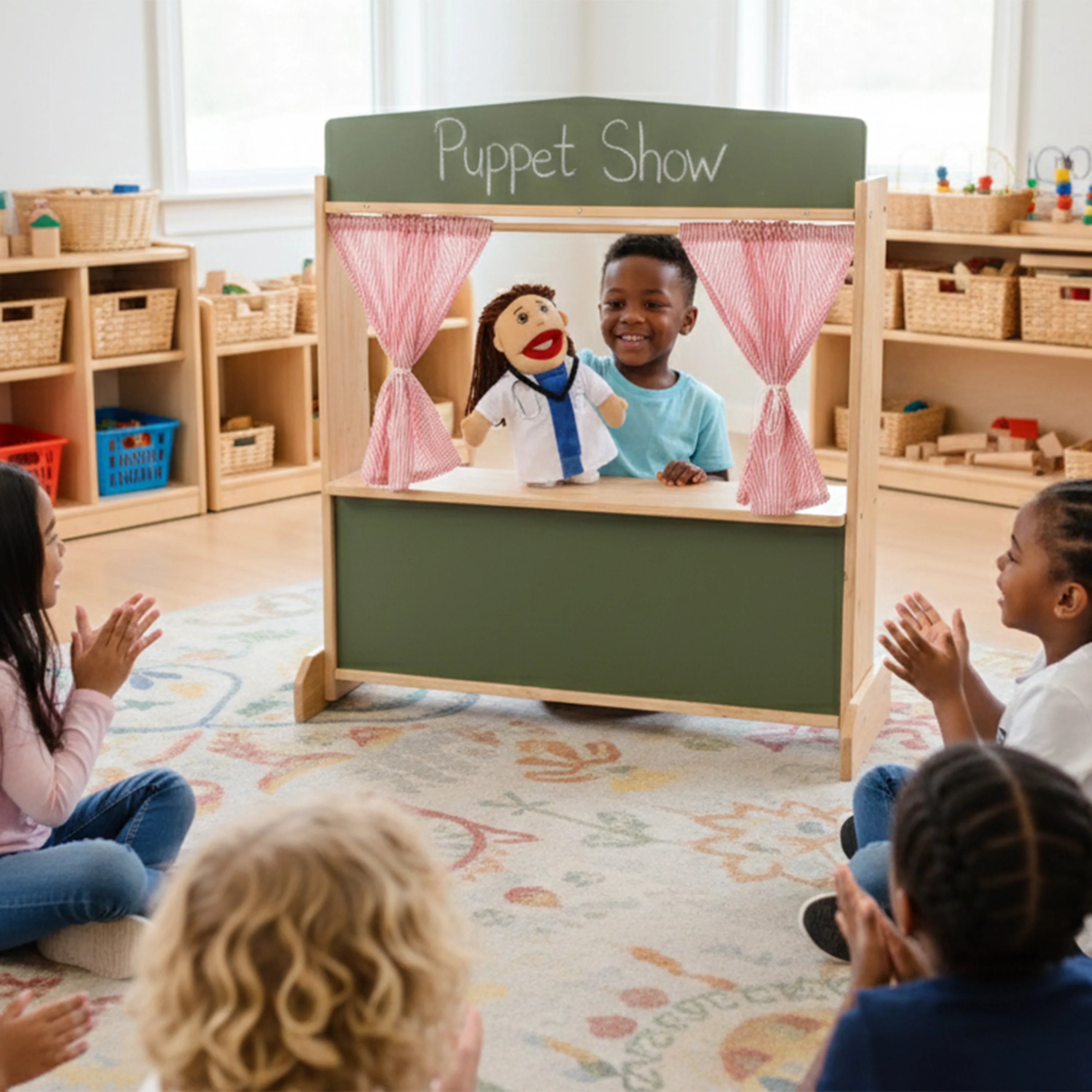 Wooden Puppet Stage with Candy-Stripe Curtains & Chalkboard - Image 3