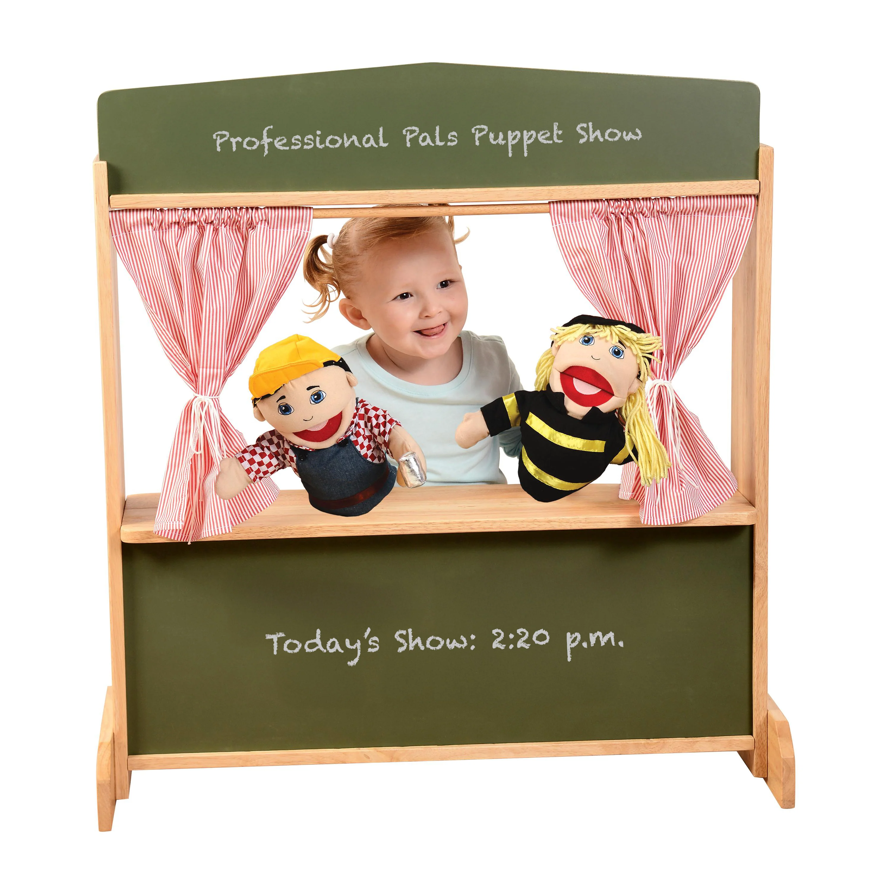 Wooden Puppet Stage with Candy-Stripe Curtains & Chalkboard - Image 4