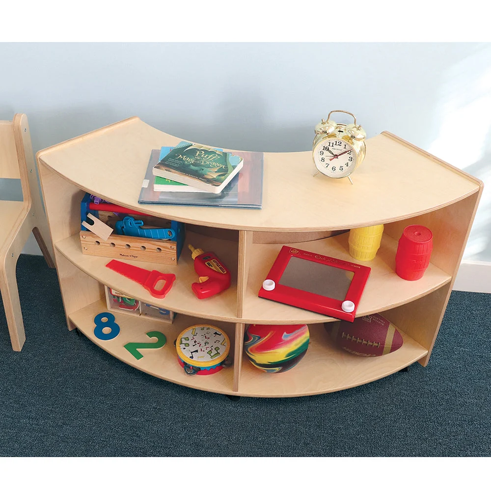 Quarter Circle Birch Classroom Storage Unit with Outer Shelves & Casters | 24" High Curved Organizer - Image 4