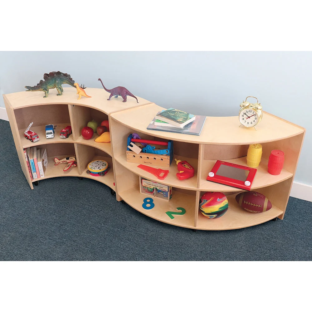 Quarter Circle Birch Classroom Storage Unit with Outer Shelves & Casters | 24" High Curved Organizer - Image 6