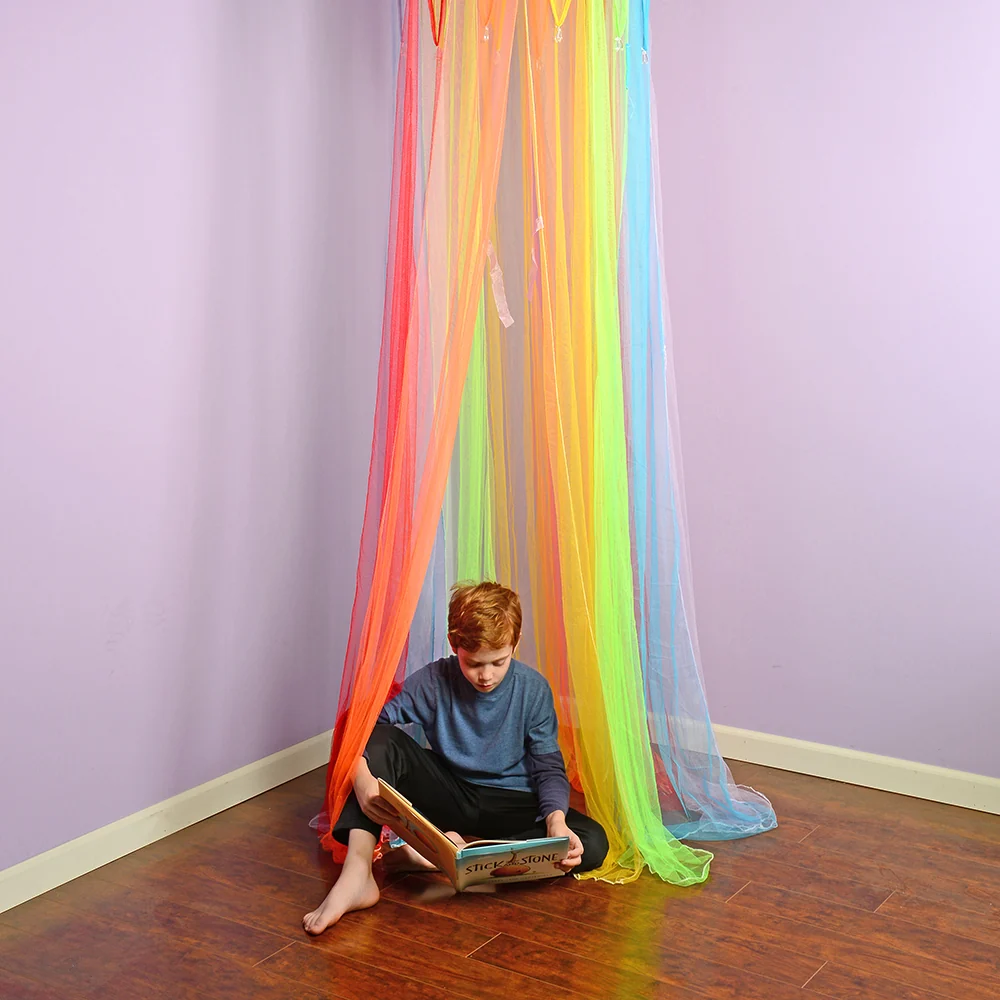 Rainbow Retreat Reading & Play Canopy | 8' Tall with Tie-Back Entrance & Colorful Netting - Image 6