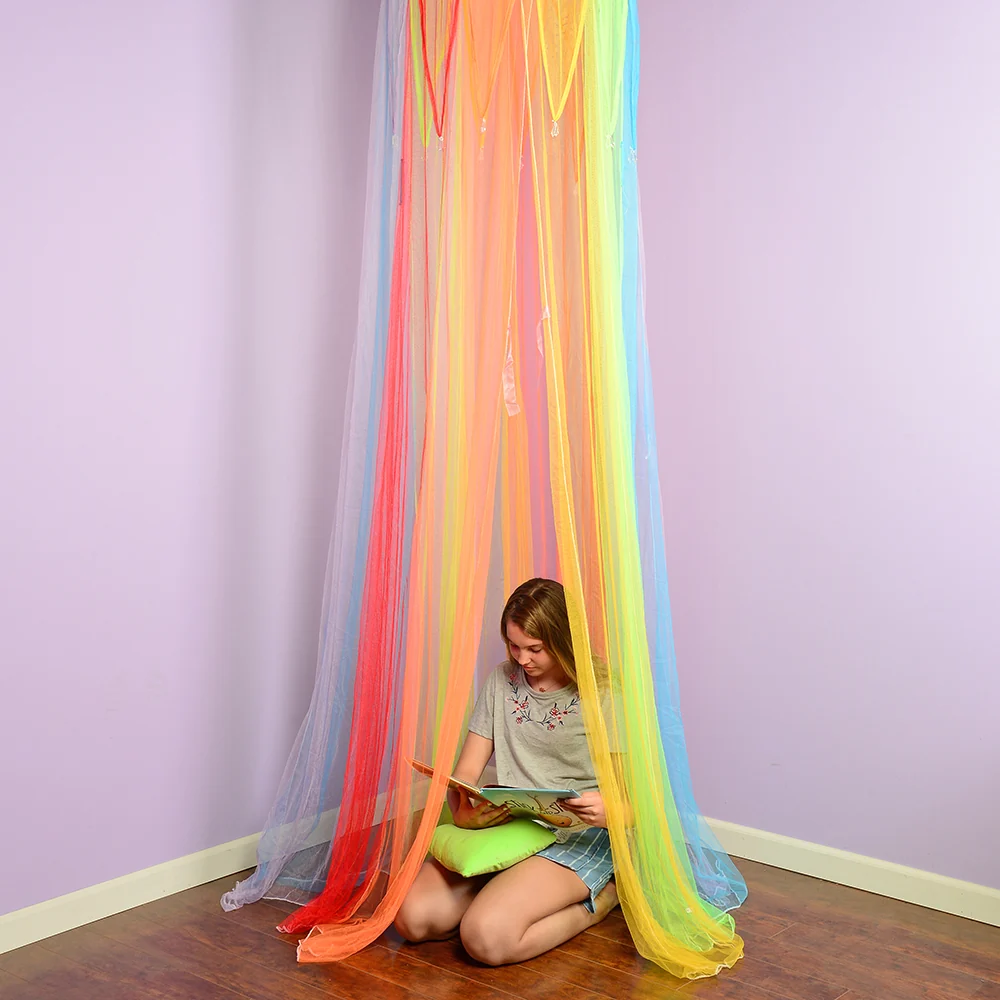 Rainbow Retreat Reading & Play Canopy | 8' Tall with Tie-Back Entrance & Colorful Netting - Image 8