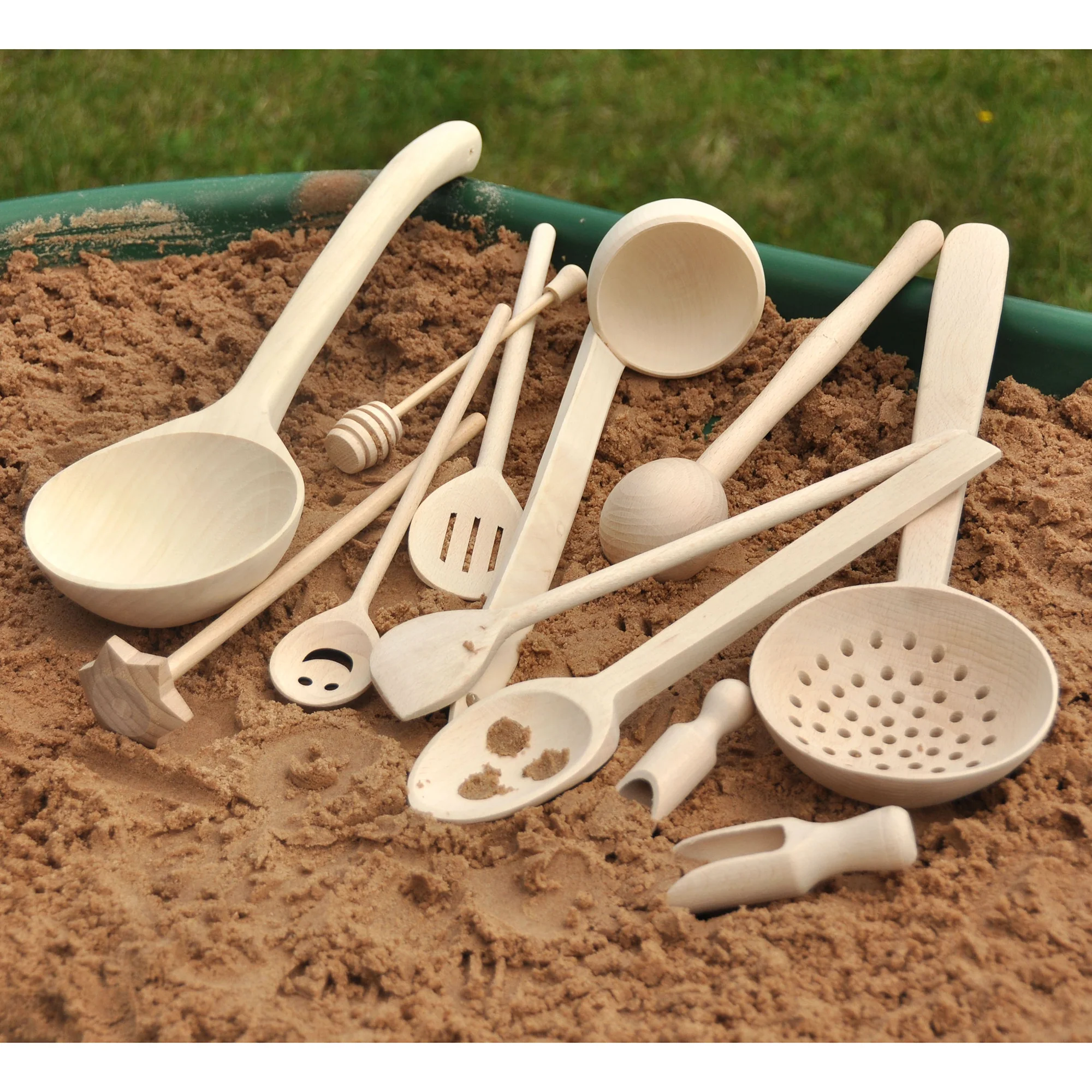 Sift Scoopers & Skimmers | 12-Piece Set of Wooden Sensory Exploration Tools for Sand, Water & Mud Play