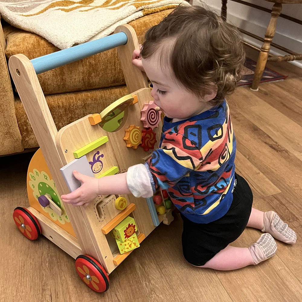 Solid Wood Activity Walker | Sensory Exploration with Spinning Mirror & Gears & Mazes - Image 2