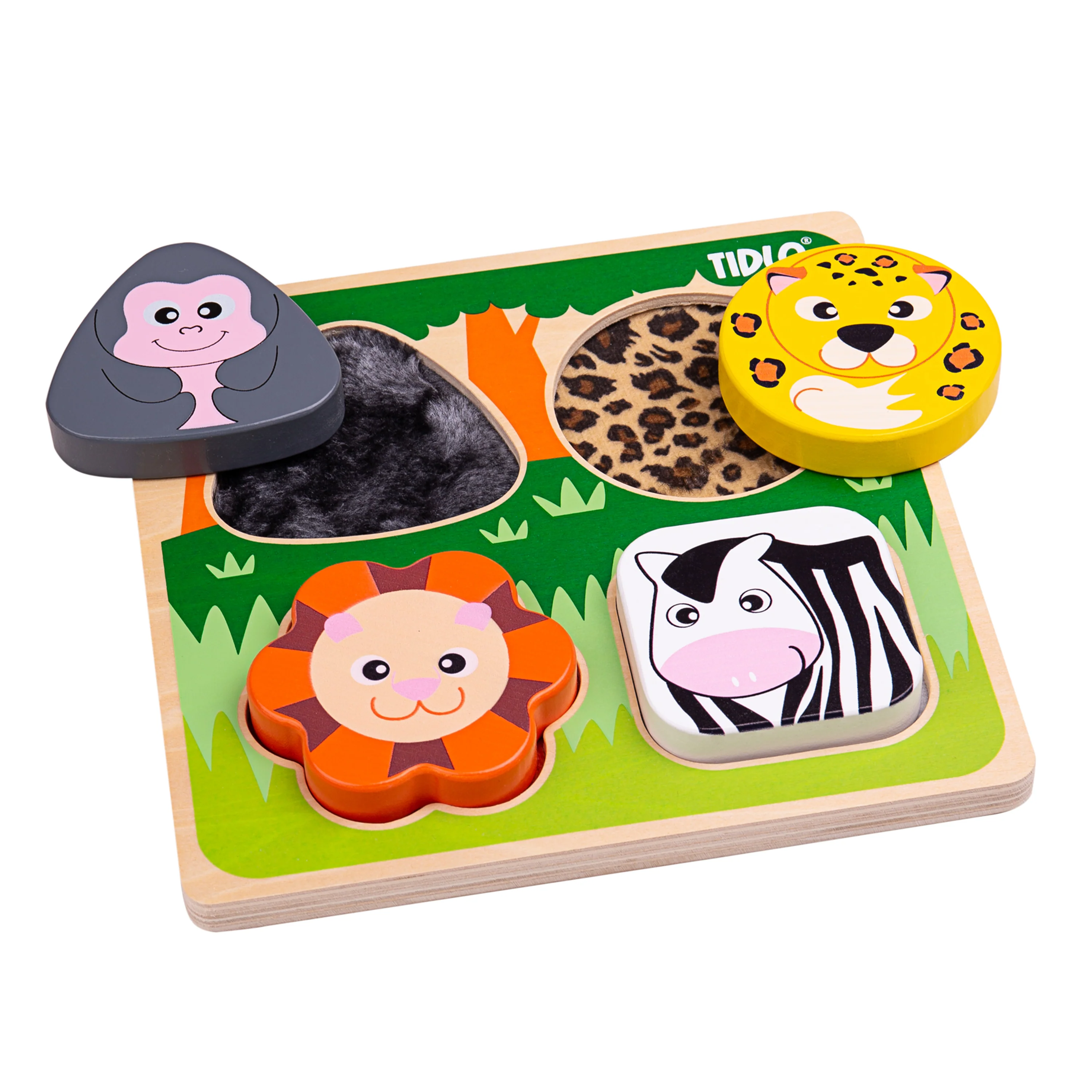 Touch and Feel Safari Puzzle | Wooden Sensory Shape Sorter with Textured Animal Pieces