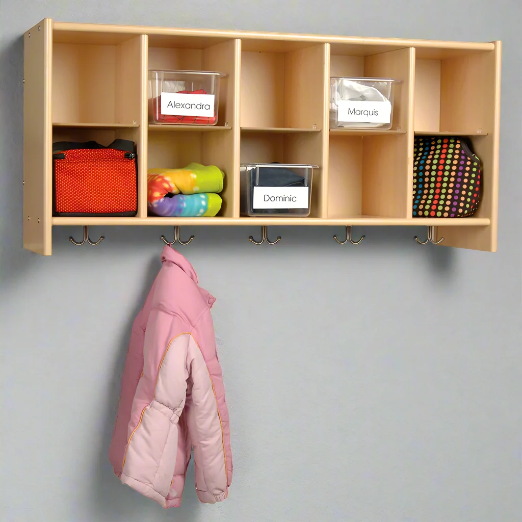 Birch Wall Cubbie | Classroom Storage with 10 Cubbies & 5 Double Hooks - Image 4