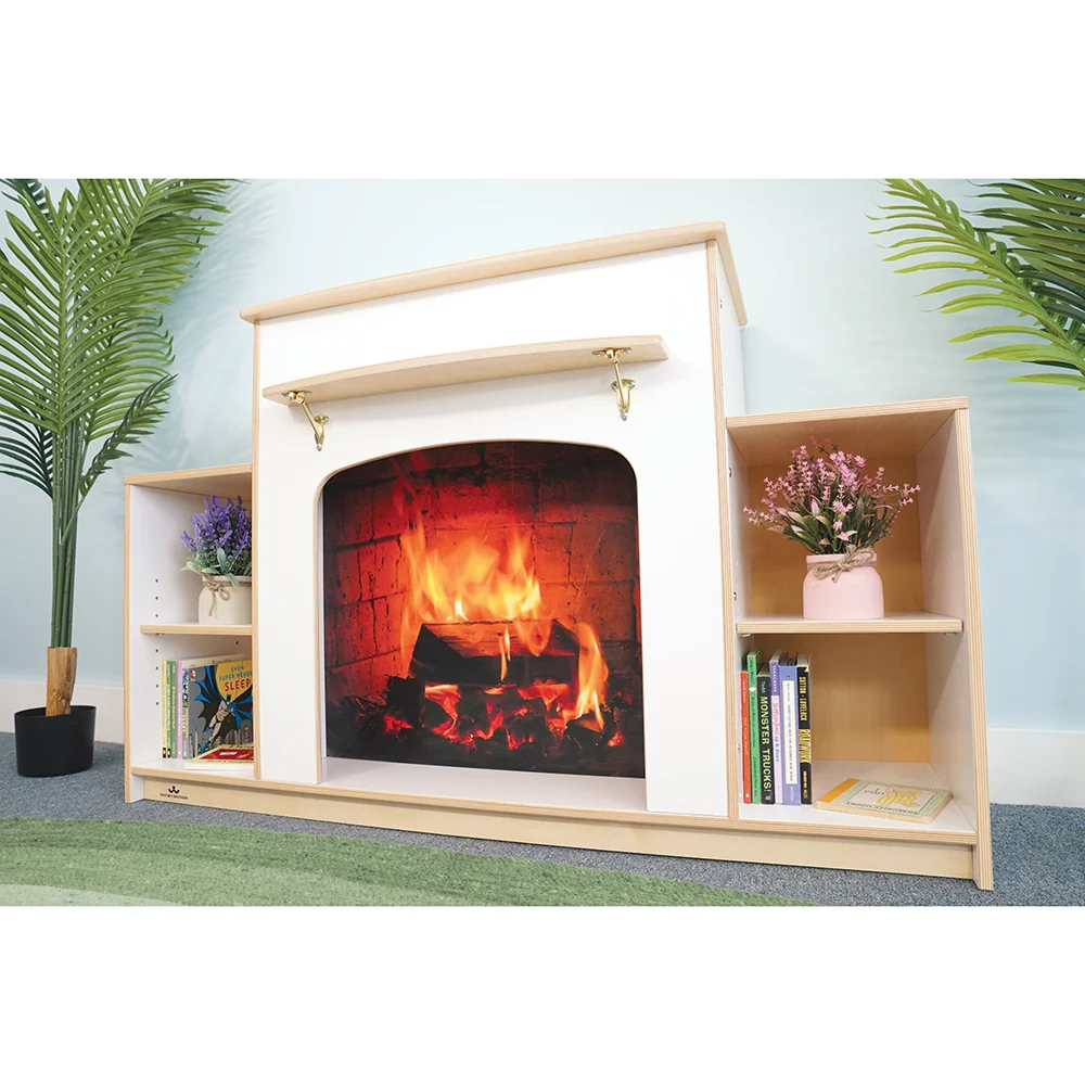 Classroom Warm And Welcoming Fireplace | Cozy White Display with Adjustable Shelves & Book Storage - Image 5
