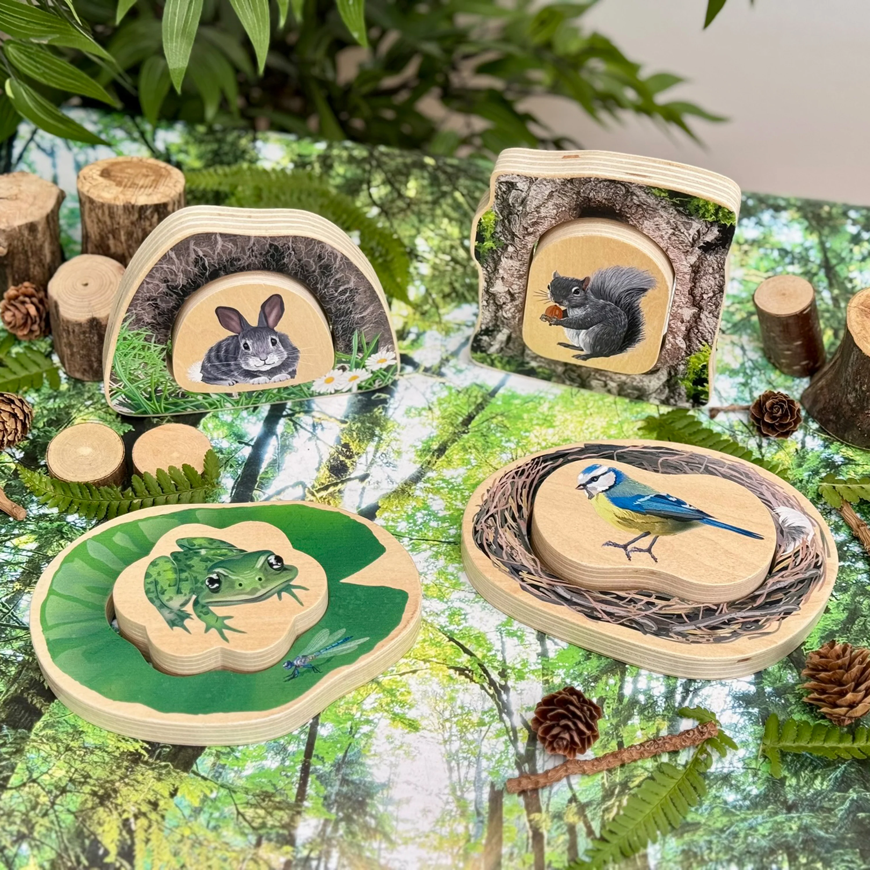 Who’s Hiding Woodland Animals Wooden Puzzle Set | Double-Sided Toddler Puzzle with Hidden Animals & Habitat Scenes
