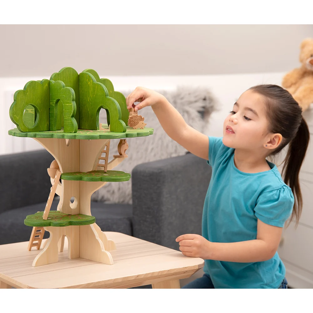 3-Tier Woodland Treehouse Playset | 15-Piece Birch Wood Set - Image 5